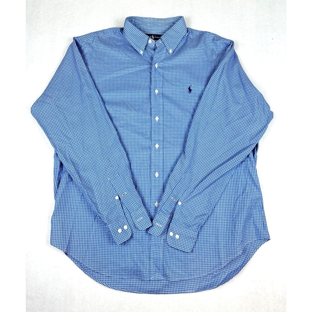 Polo Ralph Lauren Button Down Shirt Blue Check Pony Logo Large 16.5 Classic